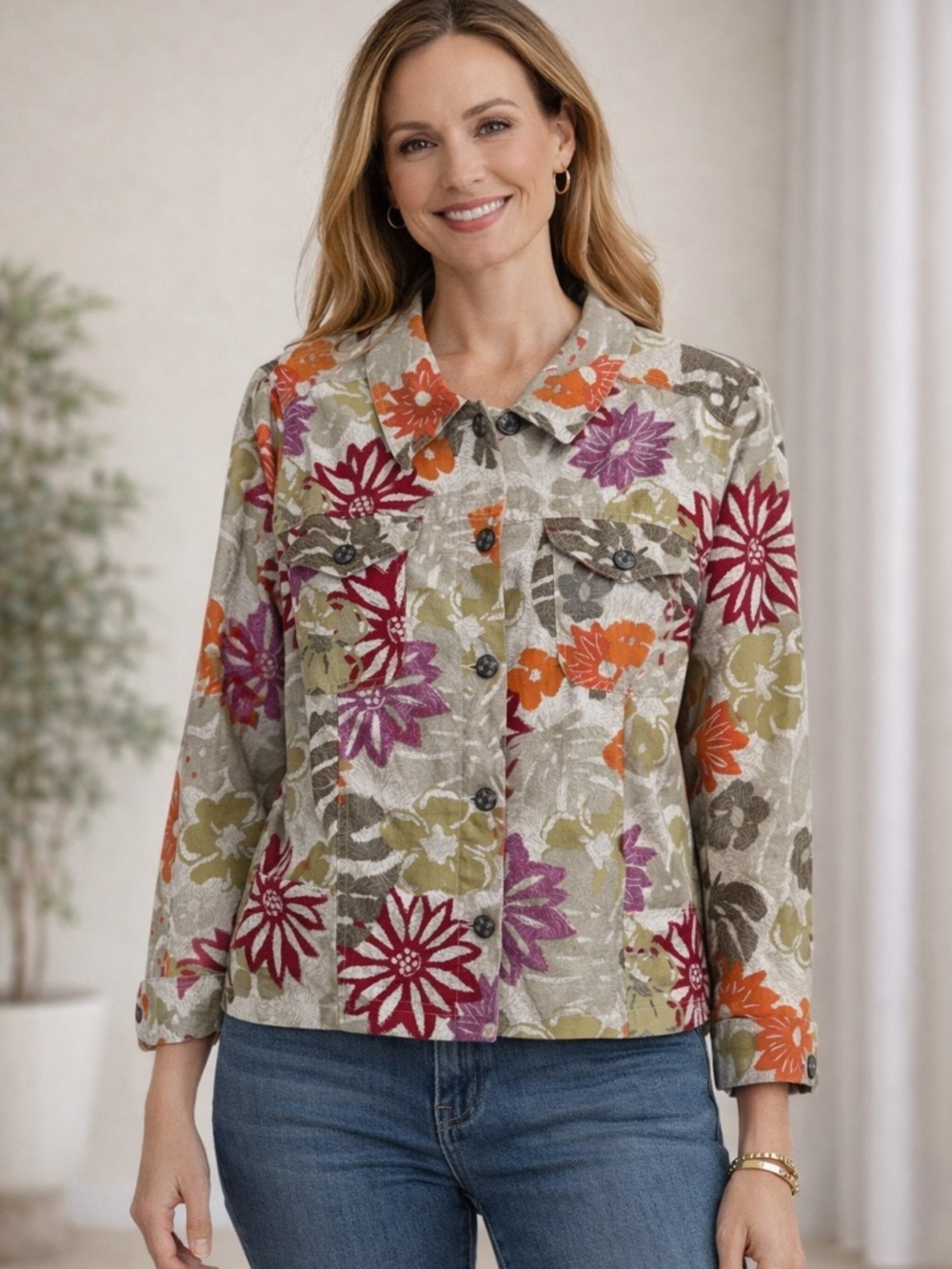 Sigrid Olsen Beige Floral Button-Up with Olive, Orange & Red Accents